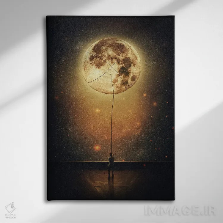 تابلو دکوراتیو صحنه ای سورئال از فردی که ماه را از آسمان شب می دزدد اثر سایکوشدو - نمای روبهرو روی دیوار