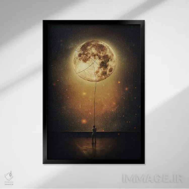 تابلو دکوراتیو صحنه ای سورئال از فردی که ماه را از آسمان شب می دزدد اثر سایکوشدو - نمای قابدار مشکی