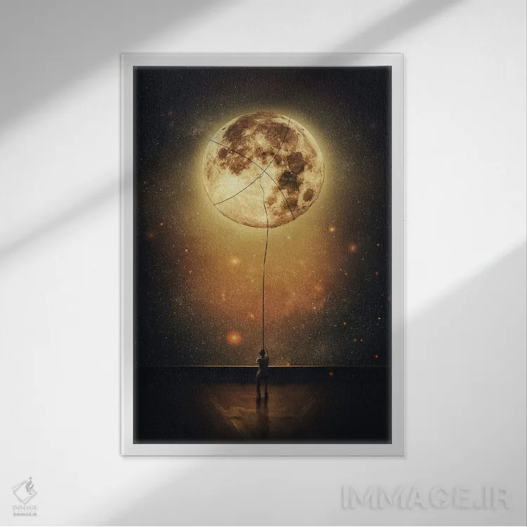 تابلو دکوراتیو صحنه ای سورئال از فردی که ماه را از آسمان شب می دزدد اثر سایکوشدو - نمای قابدار سفید
