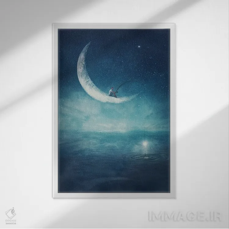 تابلو دکوراتیو صحنه ای سورئال از پسری که روی هلال ماه نشسته و ستاره ها را ماه… اثر سایکوشدو - نمای قابدار سفید