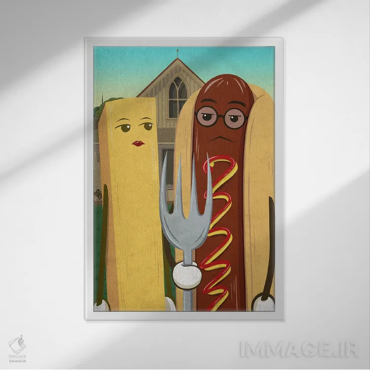 تابلو دکوراتیو هات داگ آمریکایی و سیب زمینی سرخ کرده فرانسوی اثر فایو بای فایو کالکتیو - نمای قابدار سفید