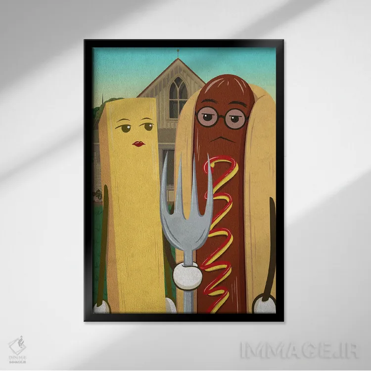 تابلو دکوراتیو هات داگ آمریکایی و سیب زمینی سرخ کرده فرانسوی اثر فایو بای فایو کالکتیو - نمای قابدار مشکی