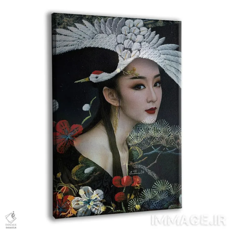 تابلو دکوراتیو بانویی با درنای سفید اثر دومینیک بادوئل - نمای پرسپکتیو محصول