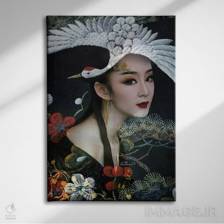 تابلو دکوراتیو بانویی با درنای سفید اثر دومینیک بادوئل - نمای روبهرو روی دیوار