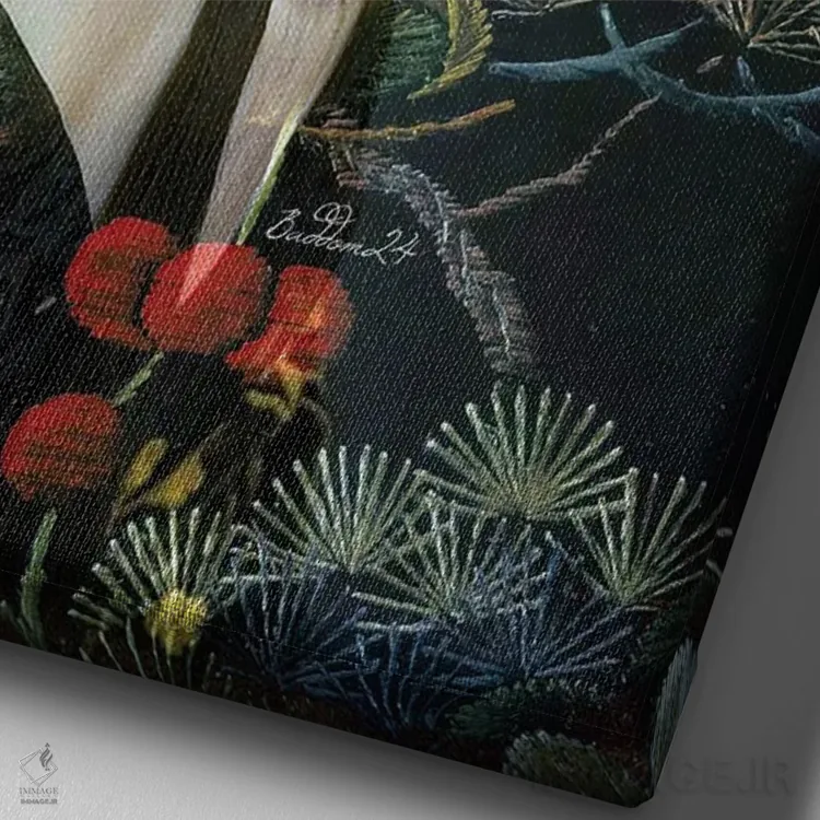 تابلو دکوراتیو بانویی با درنای سفید اثر دومینیک بادوئل - نمای نزدیک بافت بوم