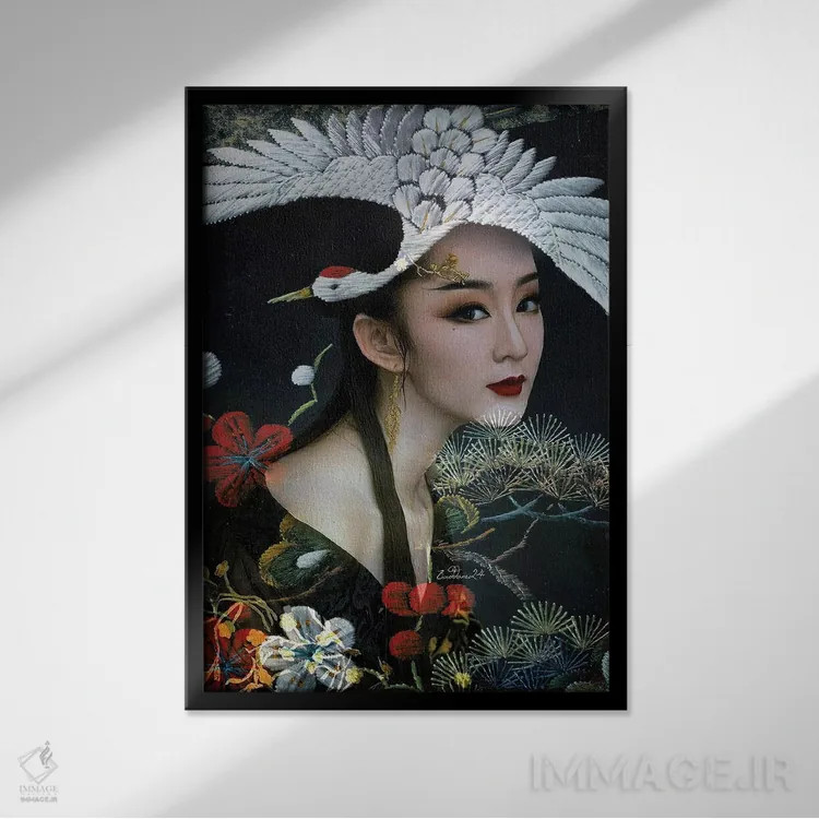 تابلو دکوراتیو بانویی با درنای سفید اثر دومینیک بادوئل - نمای قابدار مشکی