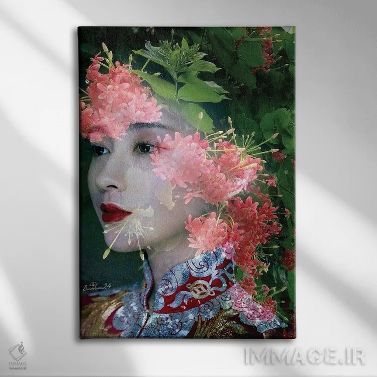 تابلو دکوراتیو بانویی در باغ گل اثر دومینیک بادوئل - نمای روبهرو روی دیوار