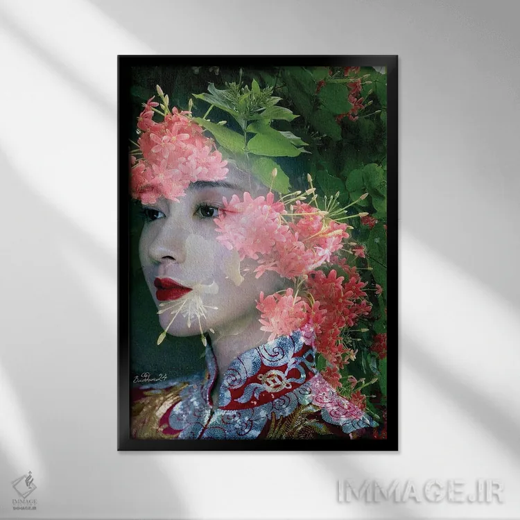 تابلو دکوراتیو بانویی در باغ گل اثر دومینیک بادوئل - نمای قابدار مشکی