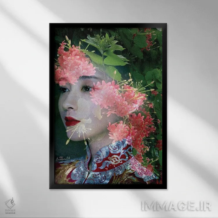 تابلو دکوراتیو بانویی در باغ گل اثر دومینیک بادوئل - نمای قابدار مشکی