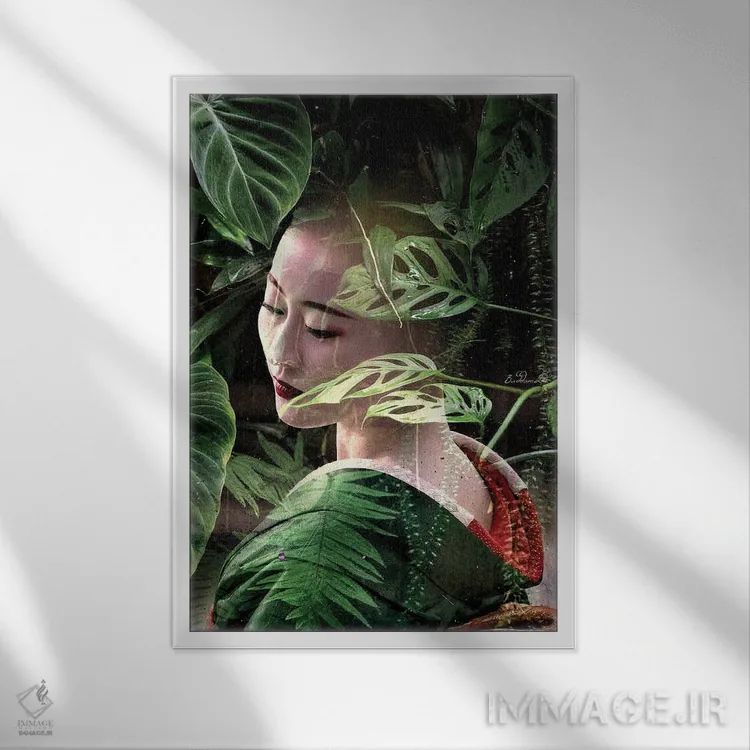 تابلو دکوراتیو گیشای گرمسیری اثر دومینیک بادوئل - نمای قابدار سفید