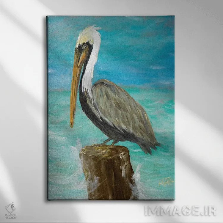 تابلو دکوراتیو یک پلیکان روی تیرک اثر جولی دریسه - نمای روبهرو روی دیوار