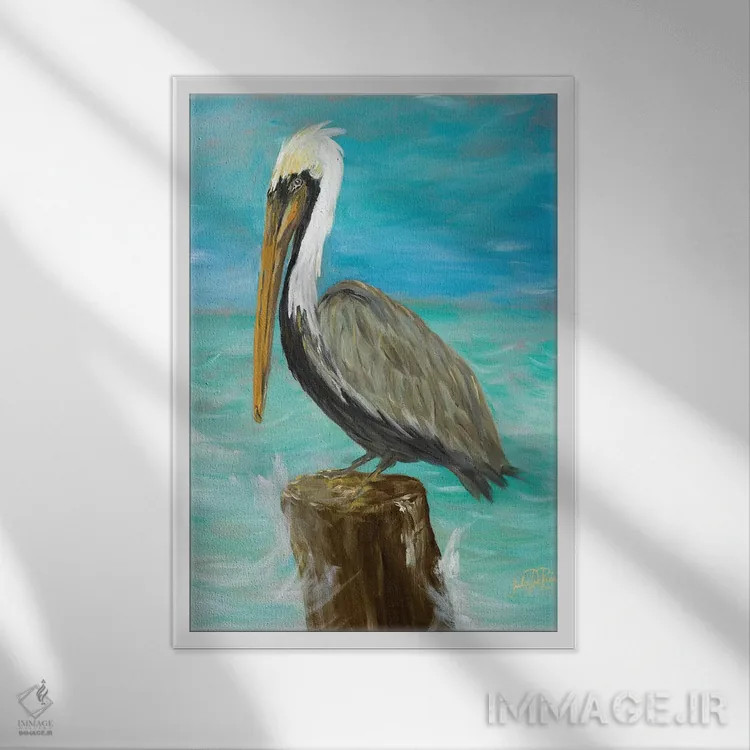 تابلو دکوراتیو یک پلیکان روی تیرک اثر جولی دریسه - نمای قابدار سفید