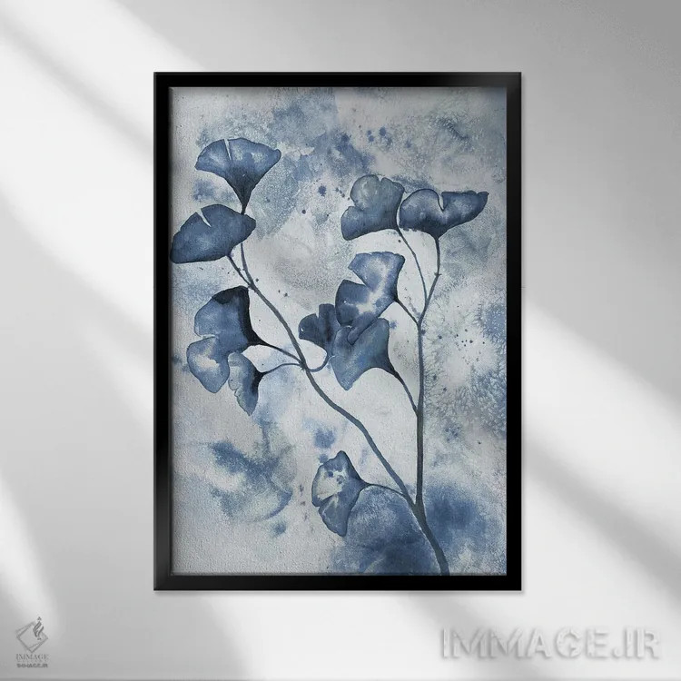 تابلو دکوراتیو جینکوی آغشته به نیلی ۱ اثر دوریس شرست - نمای قابدار مشکی