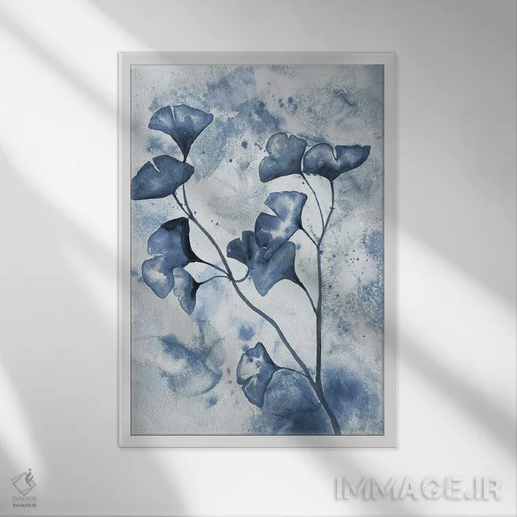 تابلو دکوراتیو جینکوی آغشته به نیلی ۱ اثر دوریس شرست - نمای قابدار سفید