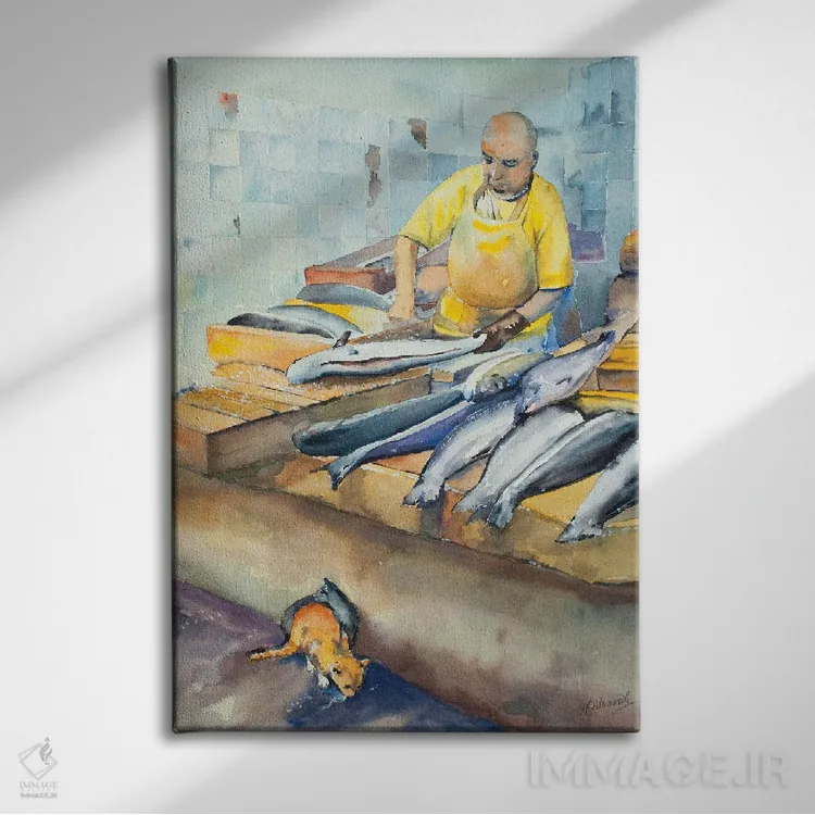 تابلو کلاسیک فروشنده ماهی و دوستانش اثر هلن دوبروویچ - نمای روبهرو روی دیوار