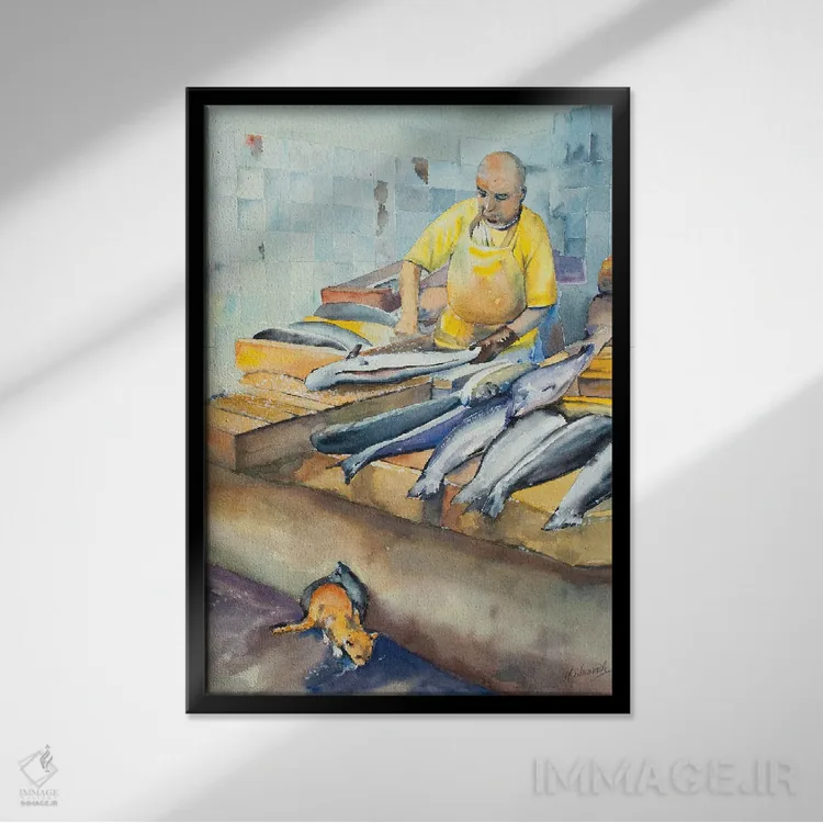 تابلو کلاسیک فروشنده ماهی و دوستانش اثر هلن دوبروویچ - نمای قابدار مشکی