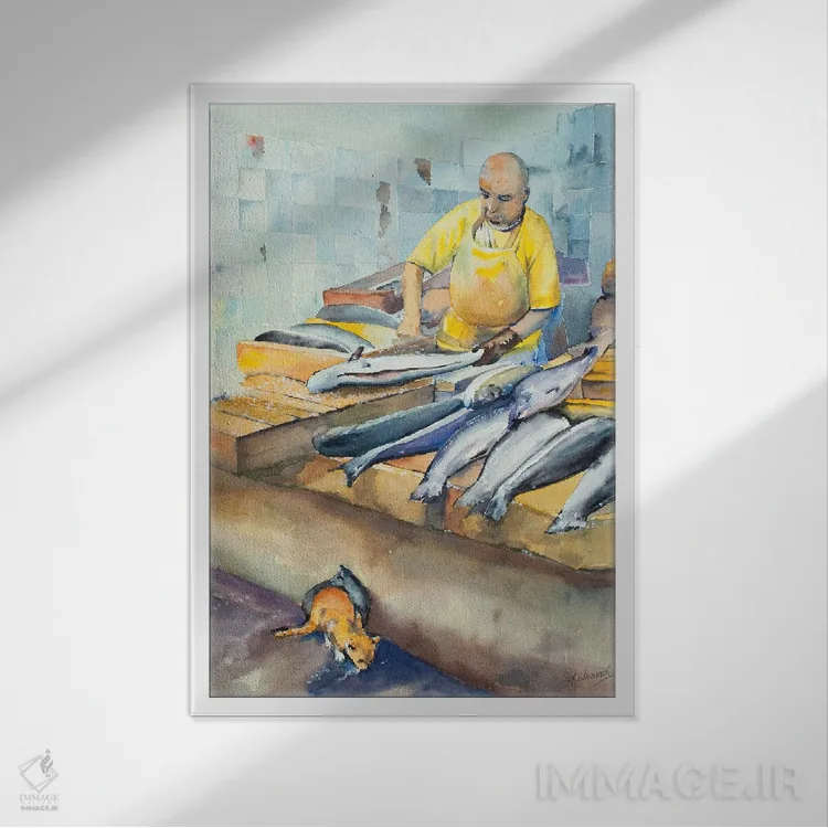 تابلو کلاسیک فروشنده ماهی و دوستانش اثر هلن دوبروویچ - نمای قابدار سفید