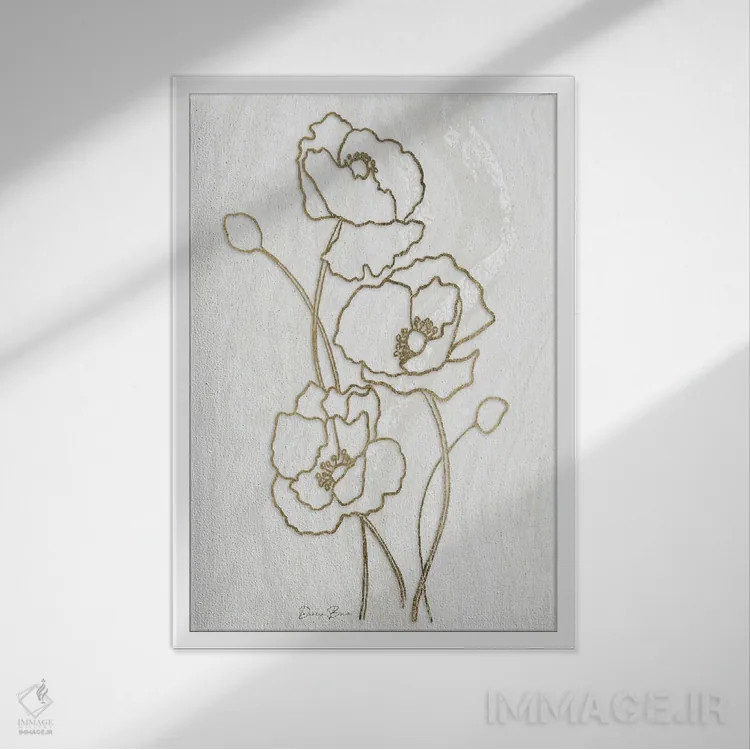 تابلو مینیمال گل صدتومانی طلایی ۳ اثر دنیس براون - نمای قابدار سفید