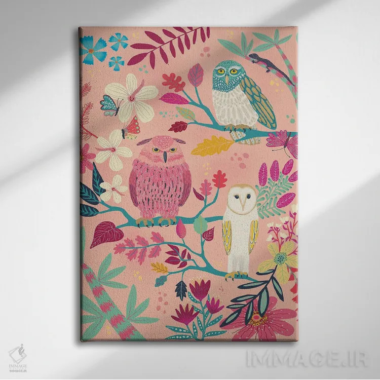 تابلو دکوراتیو جغدهای جنگلی اثر دارلین سیل - نمای روبهرو روی دیوار