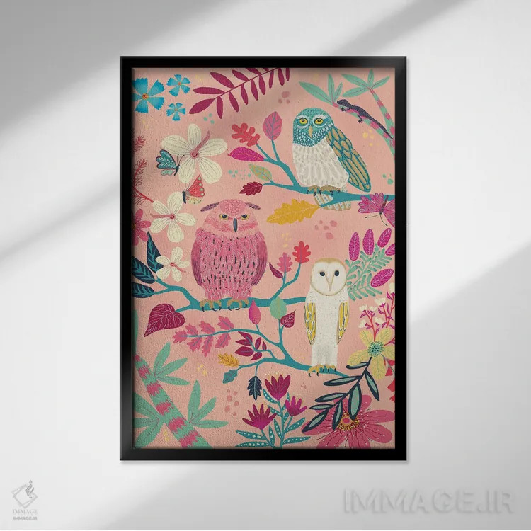 تابلو دکوراتیو جغدهای جنگلی اثر دارلین سیل - نمای قابدار مشکی