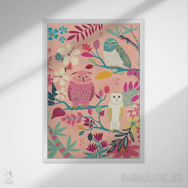 تابلو دکوراتیو جغدهای جنگلی اثر دارلین سیل - نمای قابدار سفید