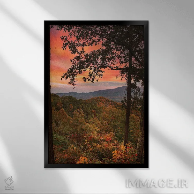 تابلو دکوراتیو غروب پاییزی در کوه های اسموکی اثر دن اسپرول - نمای قابدار مشکی