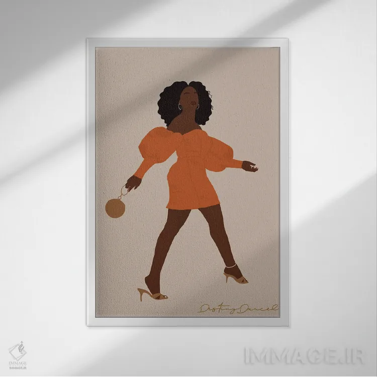 تابلو دکوراتیو راه رفتن با غرور زن سیاه اثر دستینی دارسل - نمای قابدار سفید