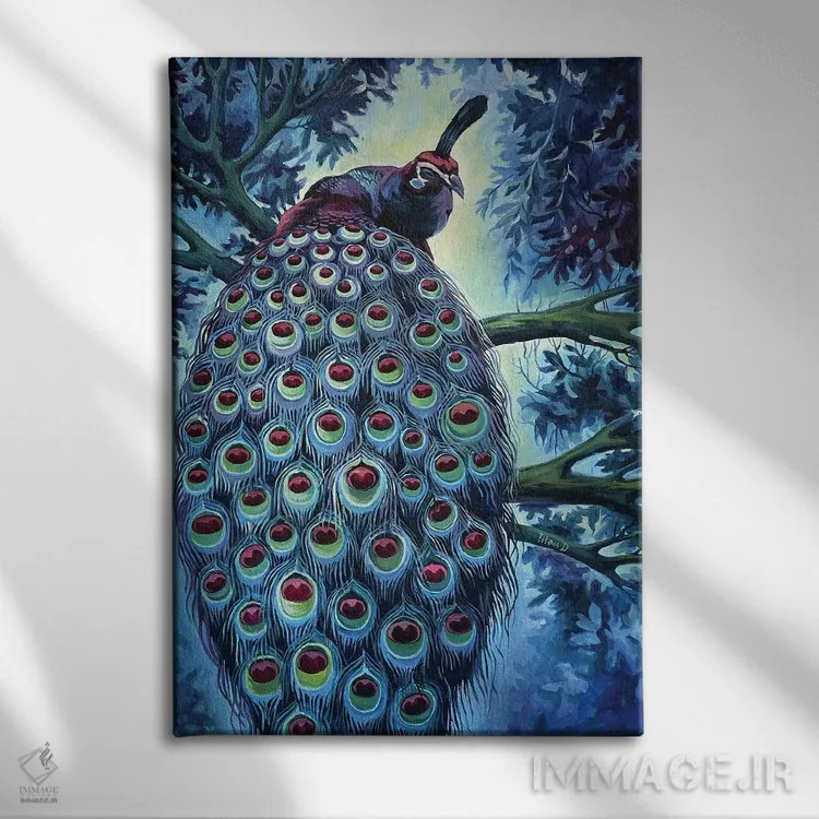 تابلو دکوراتیو طاووس آبی اثر دیانا تیتووا - نمای روبهرو روی دیوار