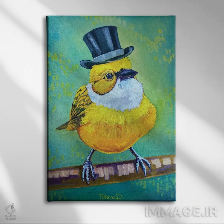 تابلو دکوراتیو آقای قناری شیک اثر دیانا تیتووا - نمای روبهرو روی دیوار