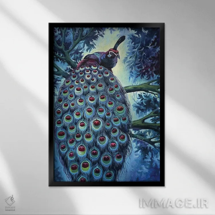 تابلو دکوراتیو طاووس آبی اثر دیانا تیتووا - نمای قابدار مشکی