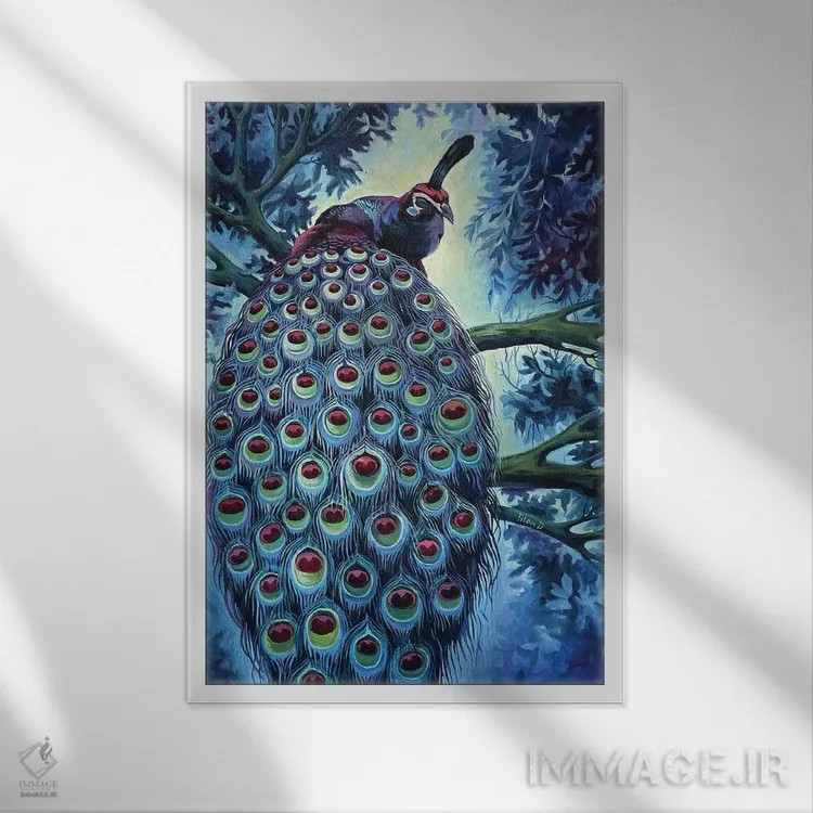 تابلو دکوراتیو طاووس آبی اثر دیانا تیتووا - نمای قابدار سفید