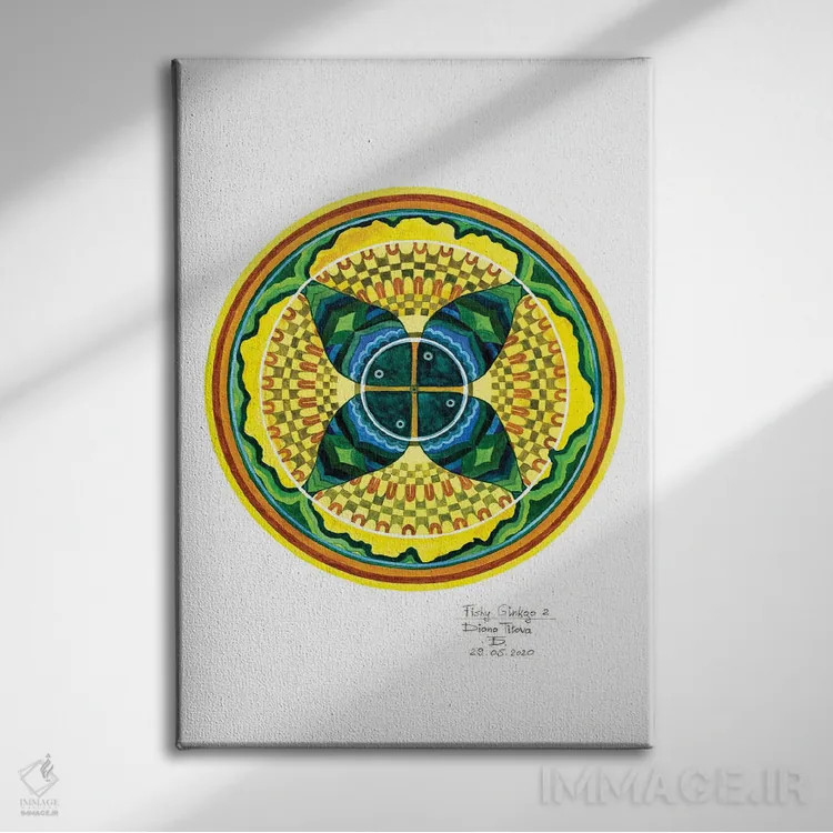 تابلو انتزاعی جینکوی ماهی دار دو اثر دیانا تیتووا - نمای روبهرو روی دیوار