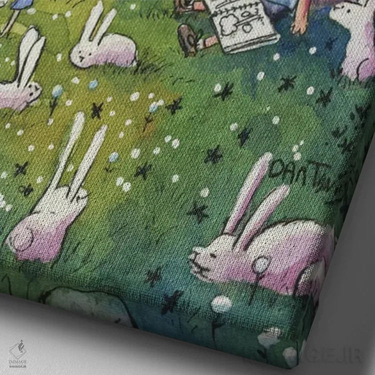 تابلو دکوراتیو خرگوش ها و پسر اثر دن تاویس - نمای نزدیک بافت بوم