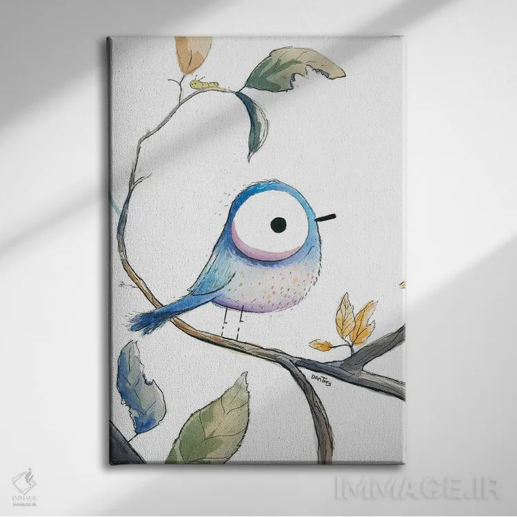 تابلو دکوراتیو نگاه پرنده آبی اثر دن تاویس - نمای روبهرو روی دیوار