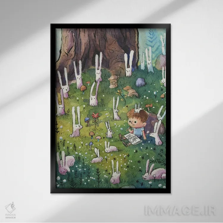 تابلو دکوراتیو خرگوش ها و پسر اثر دن تاویس - نمای قابدار مشکی