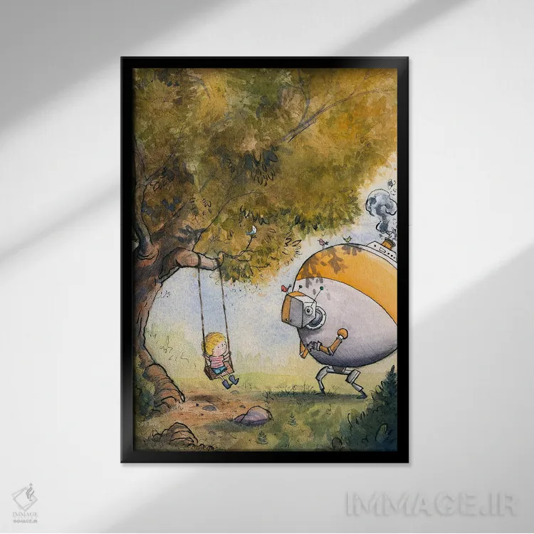 تابلو دکوراتیو پسر و ربات اثر دن تاویس - نمای قابدار مشکی