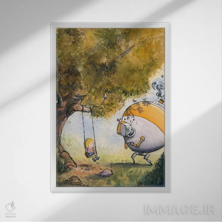 تابلو دکوراتیو پسر و ربات اثر دن تاویس - نمای قابدار سفید