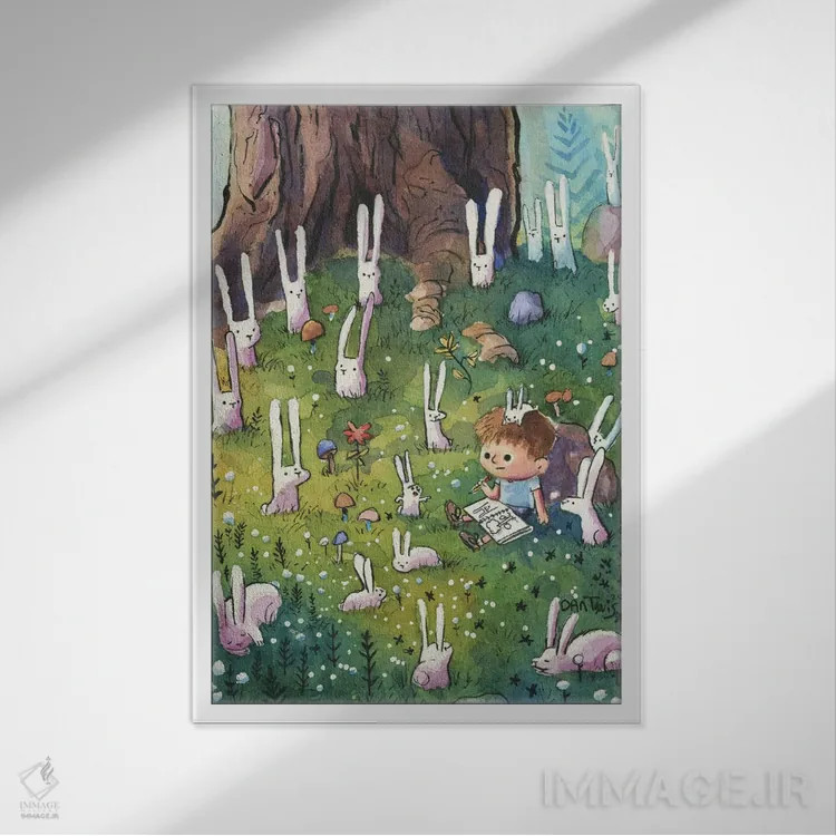 تابلو دکوراتیو خرگوش ها و پسر اثر دن تاویس - نمای قابدار سفید