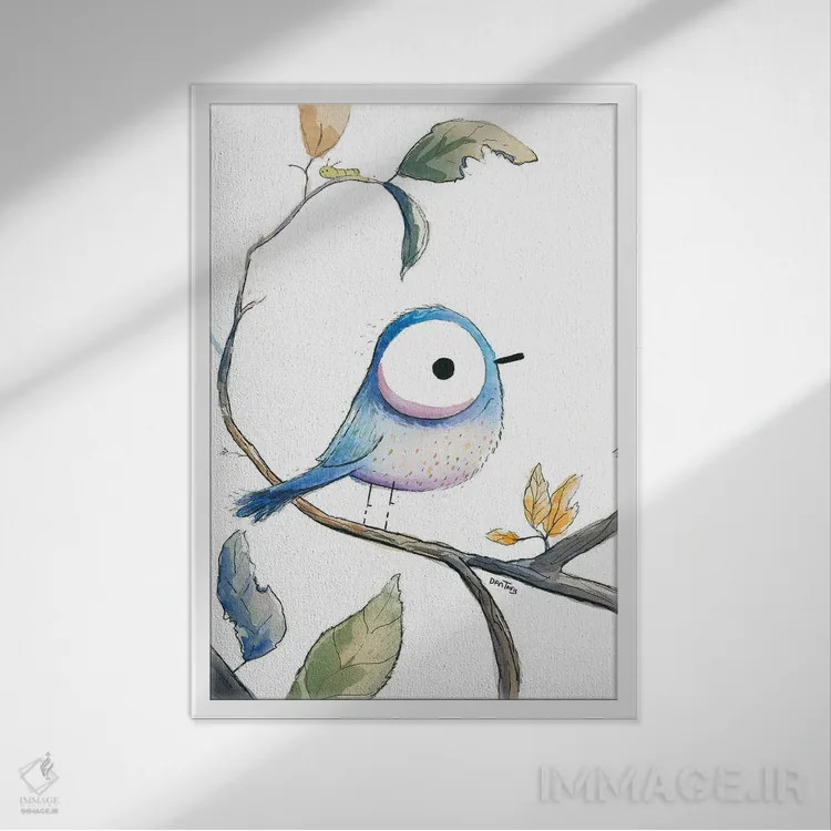 تابلو دکوراتیو نگاه پرنده آبی اثر دن تاویس - نمای قابدار سفید