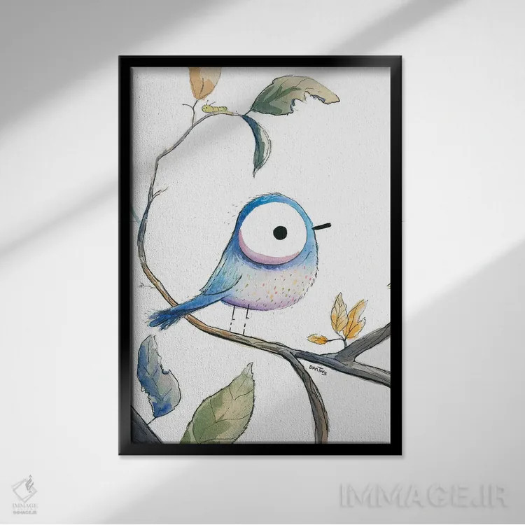 تابلو دکوراتیو نگاه پرنده آبی اثر دن تاویس - نمای قابدار مشکی