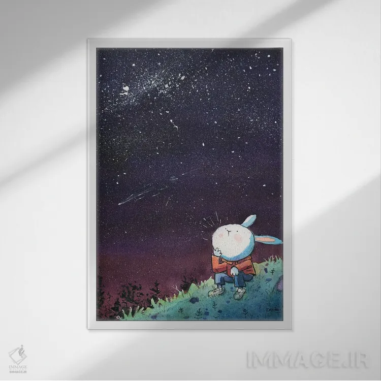 تابلو دکوراتیو خرگوش در شب پرستاره اثر دن تاویس - نمای قابدار سفید
