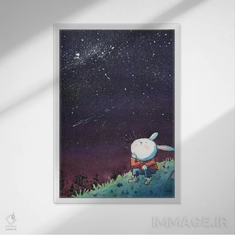 تابلو دکوراتیو خرگوش در شب پرستاره اثر دن تاویس - نمای قابدار سفید