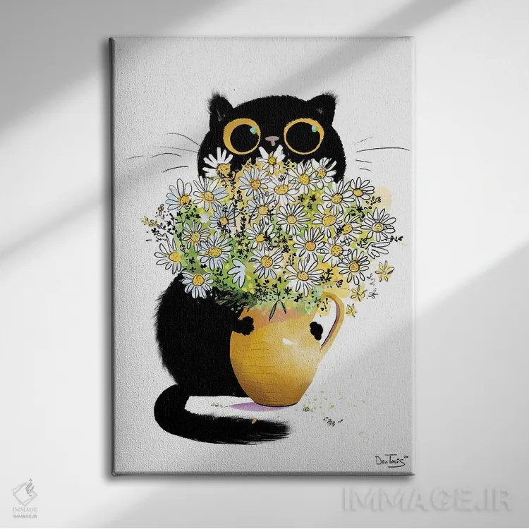 تابلو دکوراتیو گربه عاشق گل ها اثر دن تاویس - نمای روبهرو روی دیوار