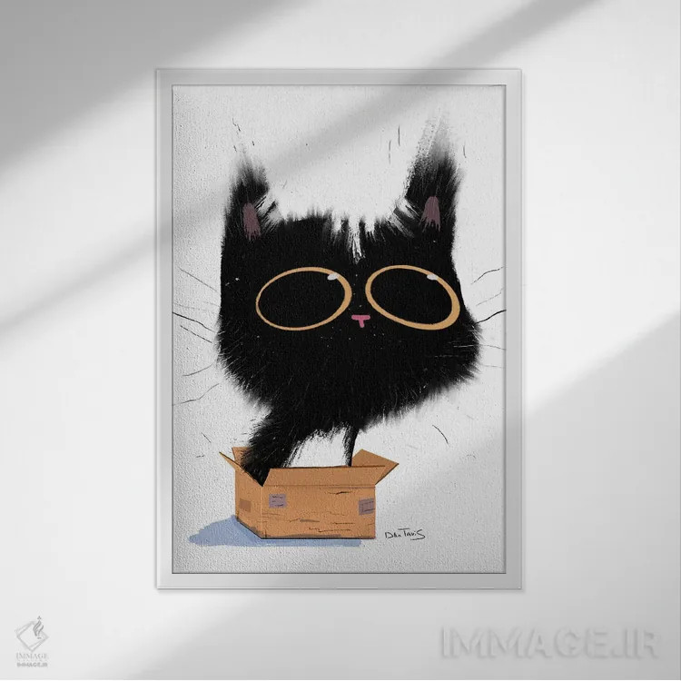 تابلو دکوراتیو گربه در جعبه اثر دن تاویس - نمای قابدار سفید