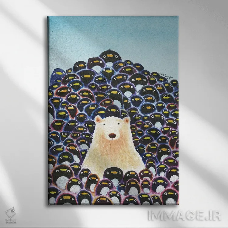 تابلو دکوراتیو خرس قطبی و پنگوئن ها اثر دن تاویس - نمای روبهرو روی دیوار
