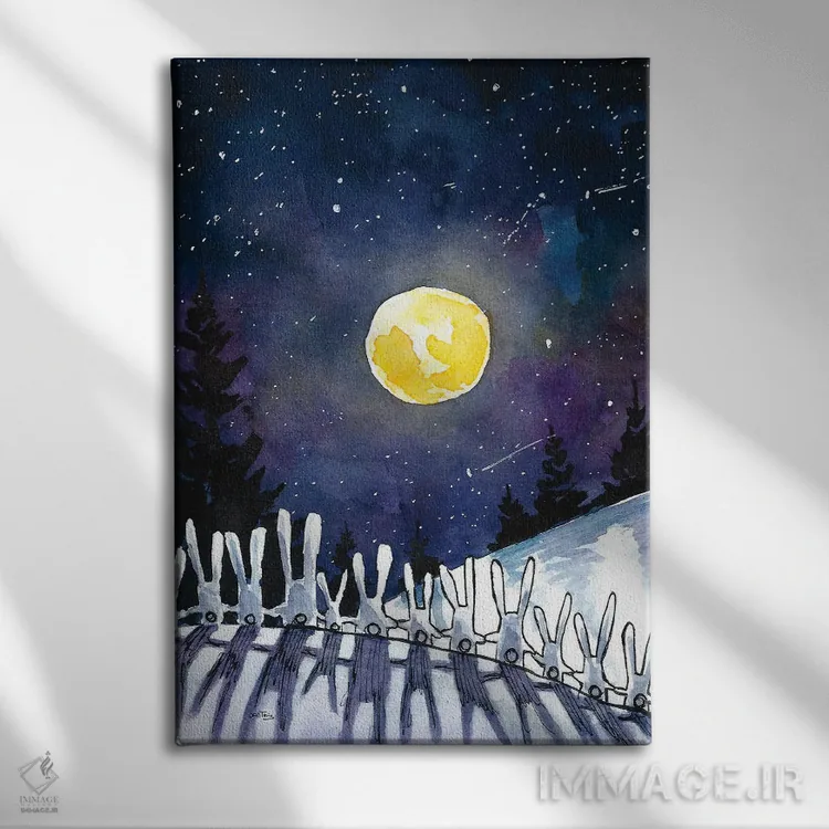 تابلو دکوراتیو خرگوش های شب مهتابی اثر دن تاویس - نمای روبهرو روی دیوار