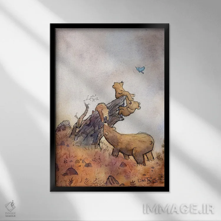 تابلو دکوراتیو مادر خرس و توله های شلوغ اثر دن تاویس - نمای قابدار مشکی