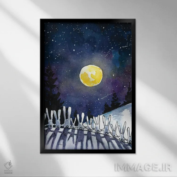 تابلو دکوراتیو خرگوش های شب مهتابی اثر دن تاویس - نمای قابدار مشکی