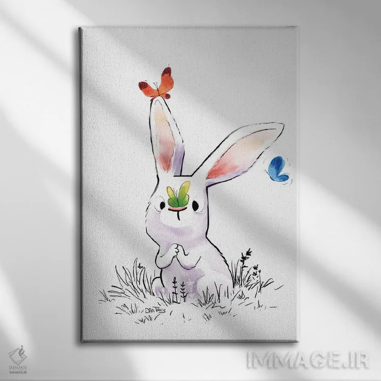 تابلو دکوراتیو خرگوش و سه پروانه اثر دن تاویس - نمای روبهرو روی دیوار