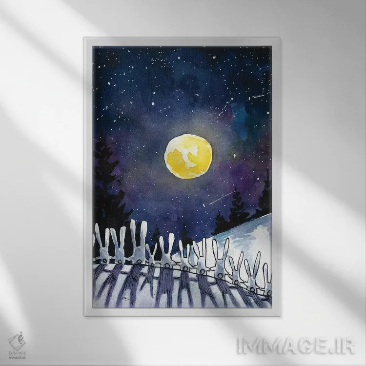 تابلو دکوراتیو خرگوش های شب مهتابی اثر دن تاویس - نمای قابدار سفید